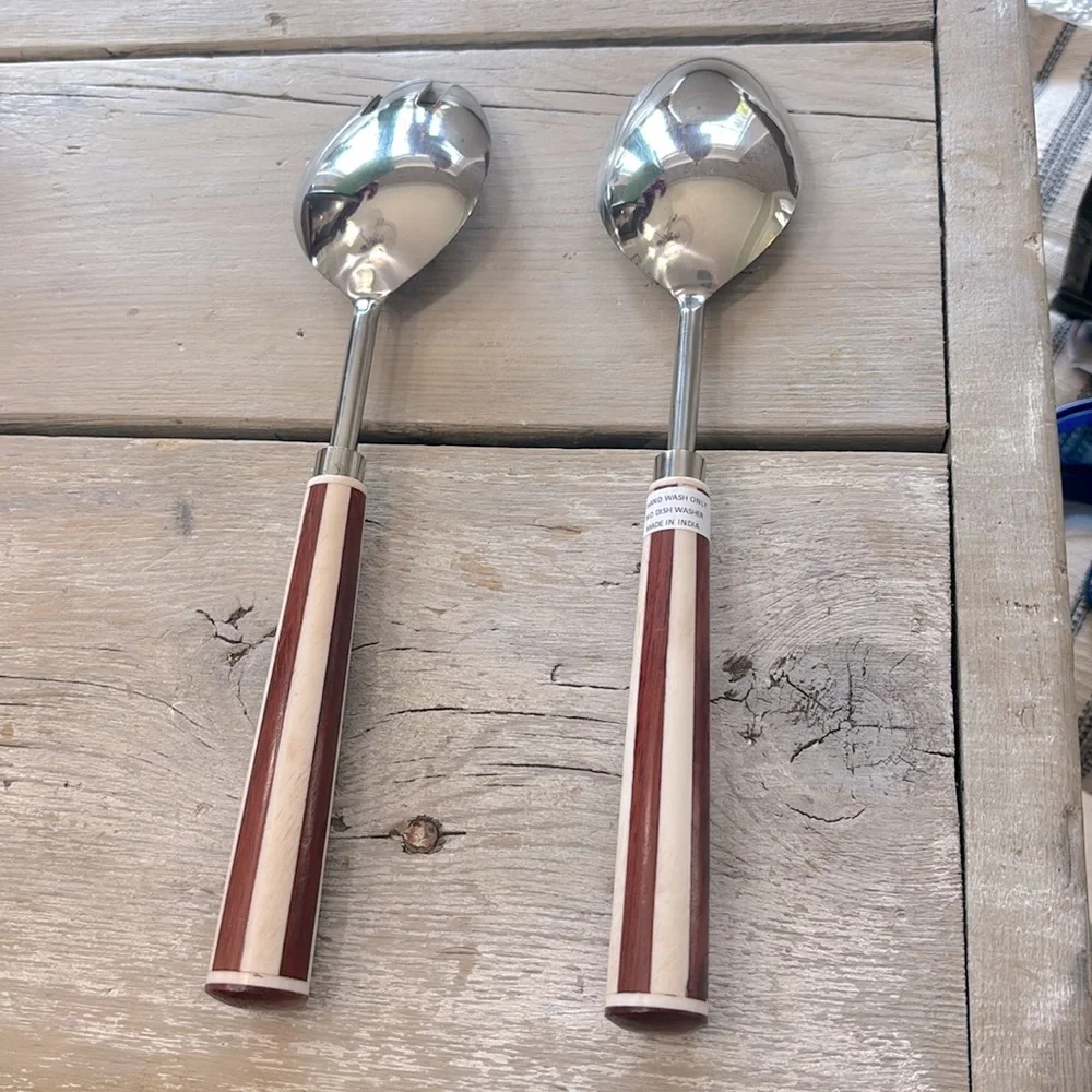 NWT Lyra Inlay Wood Serving Set. Stainless Steel 11.14” Timeless | Classic